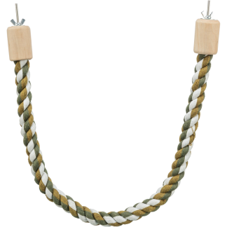 Twisted cotton perch with wood ends where screws attach to cage bars