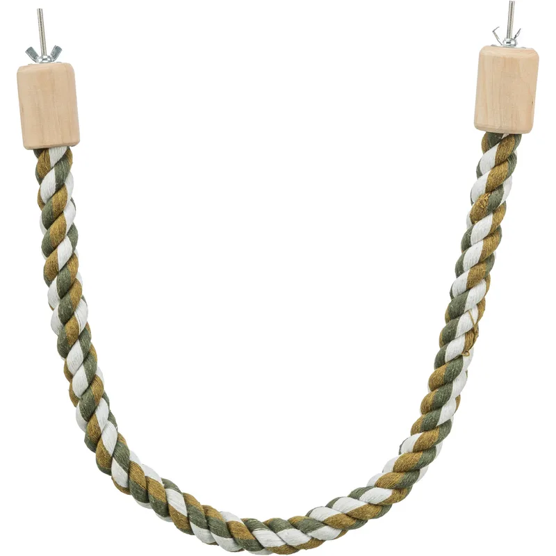 Twisted cotton perch with wood ends where screws attach to cage bars