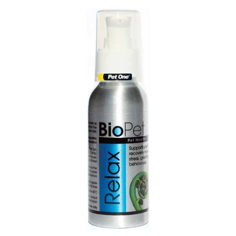 90ml bottle of Pet One BioPet Relax, a natural calming liquid for pets, featuring a dropper top and labeled for stress and anxiety relief in animals.