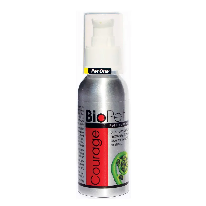 90ml bottle of Pet One BioPet Courage – a natural liquid remedy to support confidence and reduce fear in pets, labeled for dogs, cats, birds, and small animals.