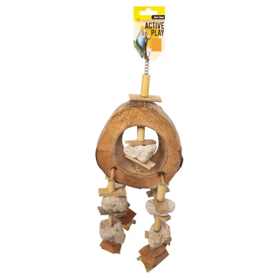 Hanging bird toy made from coconut shell, bamboo pieces, and pumice stones, arranged in a ring shape with a length of 54cm, designed for chewing and climbing.