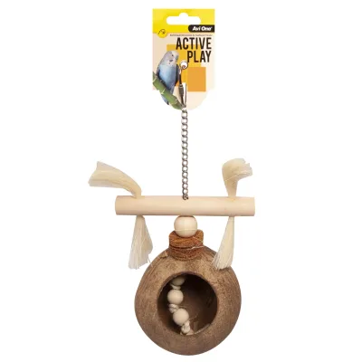Coconut shell bird toy hanging vertically with natural ropes, textures, and foraging compartments; 32cm in length, designed for chewing and exploration.