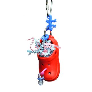 Bird toy hanging croc with paper inside
